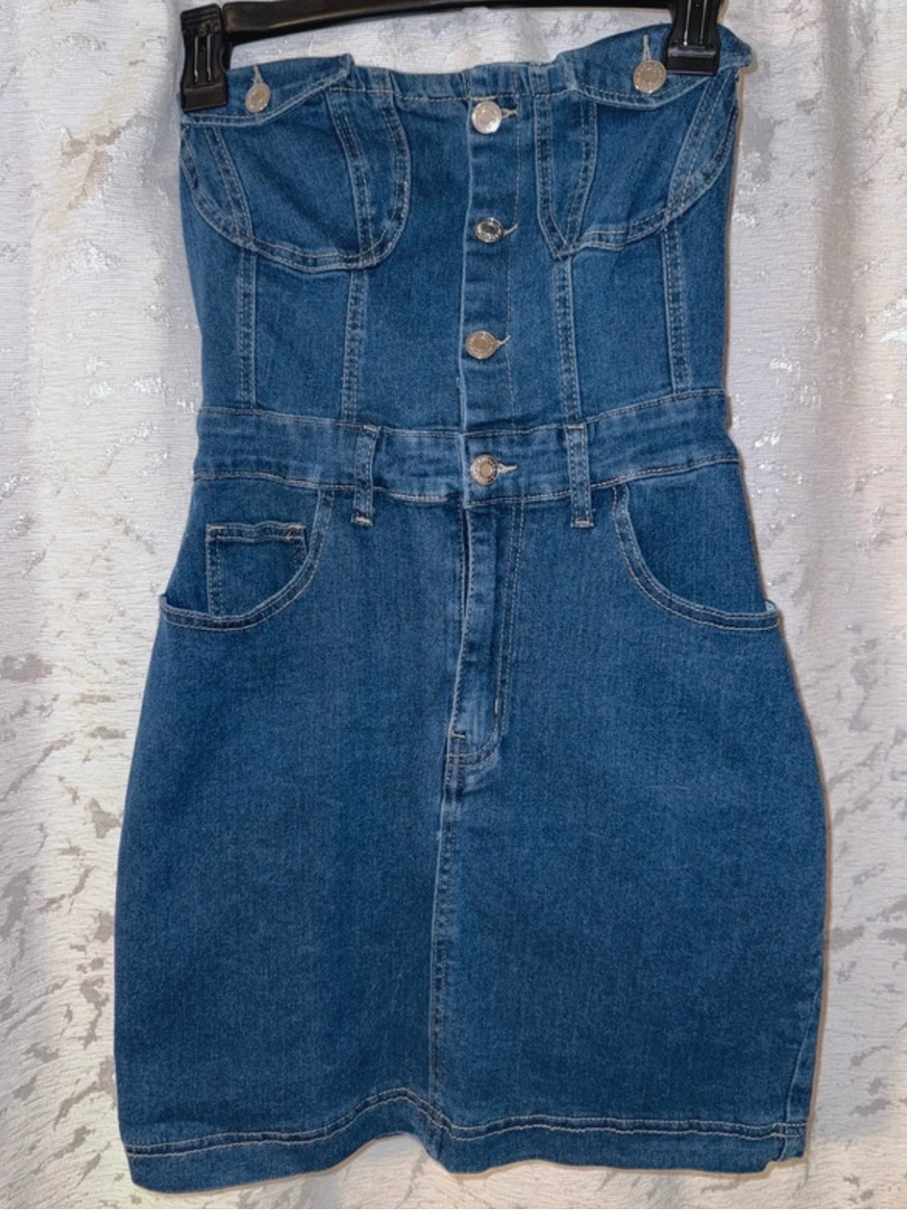 SHEIN Strapless Button-Front Denim Mini Dress in Blue